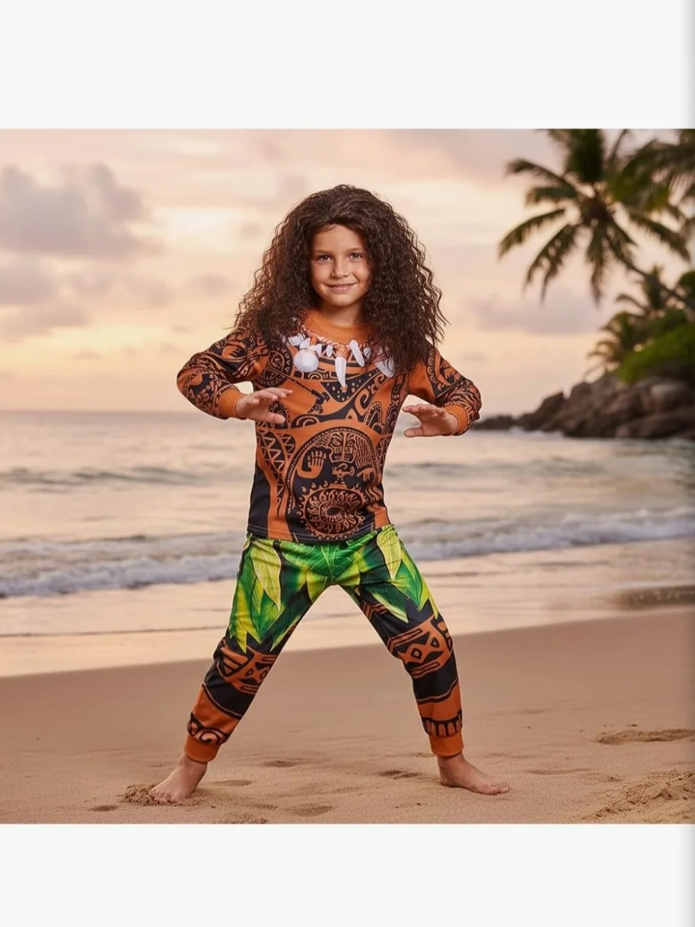 Maui Kids Brown & Green Tribal Leaf Superhero Costume with Wig